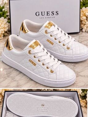 Guess White Quilted Sneakers with Gold Accents
